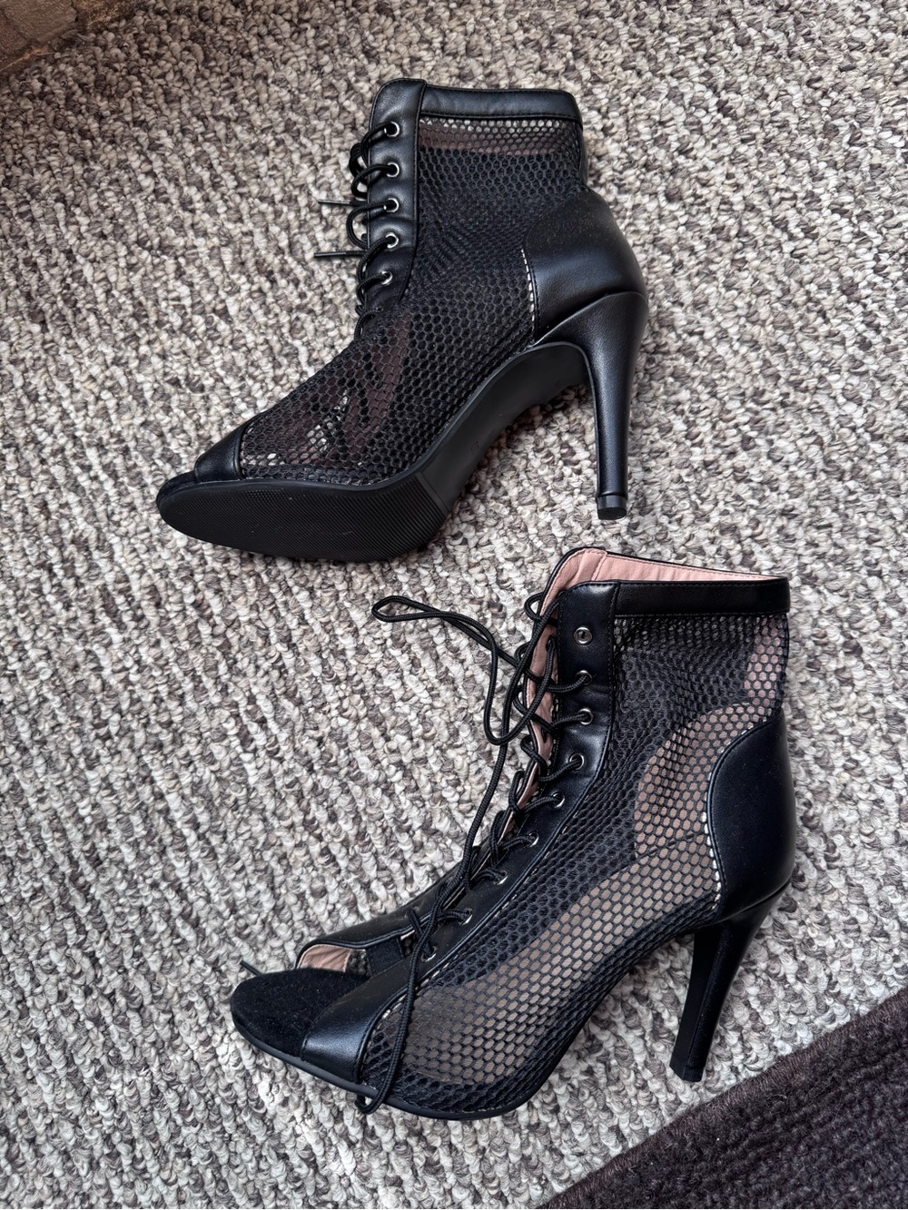Black Mesh Lace-Up High Heel Ankle Boots